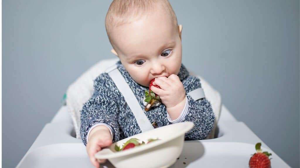 Infant eating fruits.